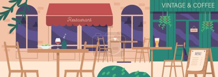 Illustration for Vintage Street Cafe Exterior With Outdoor Terrace. Cozy And Inviting Atmosphere of Coffee Shop with Chairs and Tables, Nice Place Facade To Enjoy A Cup Of Coffee Or Meal. Cartoon Vector Illustration - Royalty Free Image