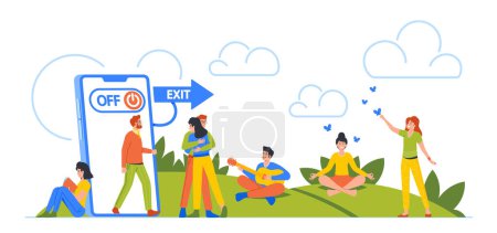 Illustration for Business People Exit from Mobile Phone to Nature Putting Aside Technology To Connect With The World Around and Having Break. Concept of Connection With Real Life. Cartoon People Vector Illustration - Royalty Free Image