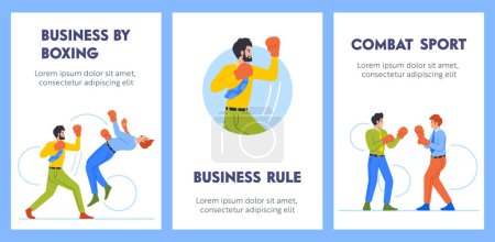 Illustration for Cartoon Banners Business Men Boxing, Fighting in Gloves. Male Characters Fight for Leadership, Combat, Competition, Challenge or Rivalry in Office. People Vector Illustration, Posters - Royalty Free Image