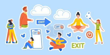 Illustration for Set of Stickers Young Men and Women Characters Resting Actively without Gadgets. Healthy Lifestyle, Conscious Using of Digital Devices. Social Media Detoxification. Cartoon Vector Illustration, Patch - Royalty Free Image