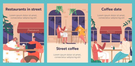 Illustration for Cartoon Banners with People Chatting And Enjoying Drinks and Meals in Street Cafe. Characters Sitting at Outdoor Tables in Ambiance And Social Urban Atmosphere. Vector Illustration, Posters - Royalty Free Image