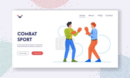 Illustration for Combat Sport Landing Page Template. Businessmen Boxing In Office, Male Characters Display Competitive Spirit And Determination. Conflicts, Struggle For Success. Cartoon People Vector Illustration - Royalty Free Image