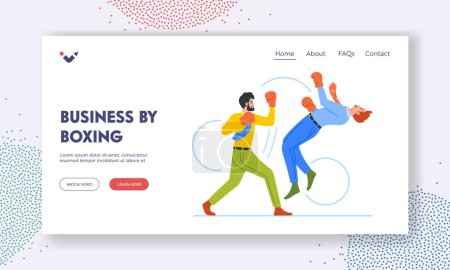 Illustration for Corporate Conflicts, Knockout Landing Page Template. Two Businessmen Engaging In A Boxing Match. Male Characters Competition And Rivalry in Business Strategies. Cartoon People Vector Illustration - Royalty Free Image
