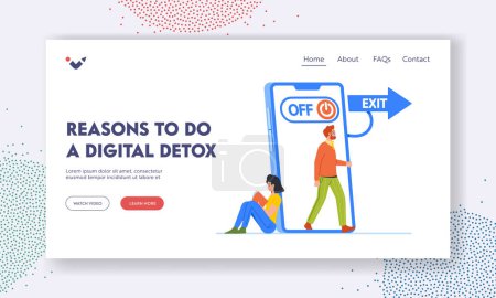 Illustration for Reasons to Do Digital Detox Landing Page Template. Tiny People Exit Huge Phone and Leaving Out for Having Break. Concept Of Disconnecting From Technology, Unplugging. Cartoon Vector Illustration - Royalty Free Image