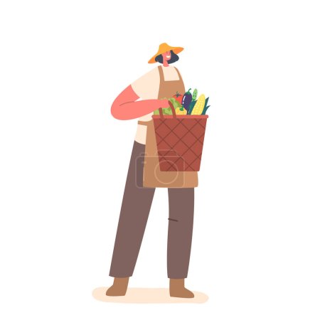 Illustration for Farmer Woman Dressed In Work Clothes and Straw Hat Holding Basket Of Fresh Produce Isolated on White Background. Happy Rancher Female Character Stand with Crops. Cartoon People Vector Illustration - Royalty Free Image