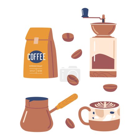 Ilustración de Set de granos de café, paquete con granos recién molidos, Cezve turco, molinillo de café y bebida caliente en iconos aislados de taza de cerámica para cafetería o menú de café. Ilustración de vectores de dibujos animados - Imagen libre de derechos