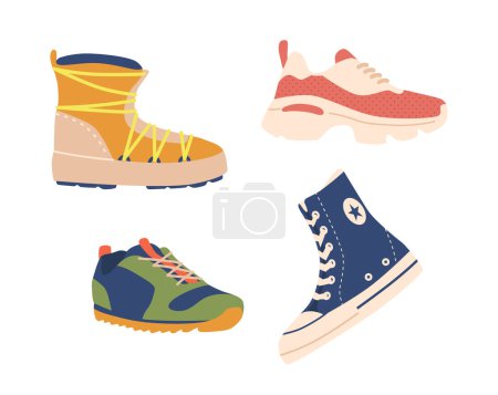 Ilustración de Conjunto de zapatos, cómodos deportes y calzado casual de varios estilos, hechos de materiales transpirables. Zapatillas de running, zapatillas de deporte, zapatillas de goma, botas de encaje aisladas en blanco. Ilustración de vectores de dibujos animados - Imagen libre de derechos