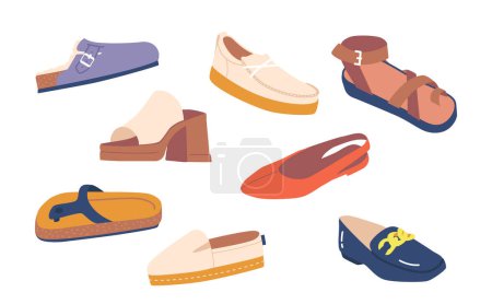 Illustration for Set of Summer Shoes Sandals, Slip-ons, Loafers. Comfortable Footwear of Various Styles, Made From Lightweight And Breathable Materials Such As Canvas, Mesh, And Leather. Cartoon Vector Illustration - Royalty Free Image