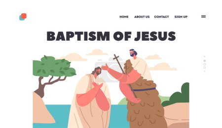 Illustration for Baptism of Jesus Landing Page Template. John The Baptist Character Baptizing Jesus In River Biblical Scene Represent Christian Religious or Historical Theme. Cartoon People Vector Illustration - Royalty Free Image