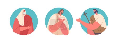 Illustration for Biblical Characters John The Baptist and Jesus Christ Isolated Round Icons or Avatars. Holy Symbolic Religious Act or Ritual with Son of God. Cartoon People Vector Illustration - Royalty Free Image