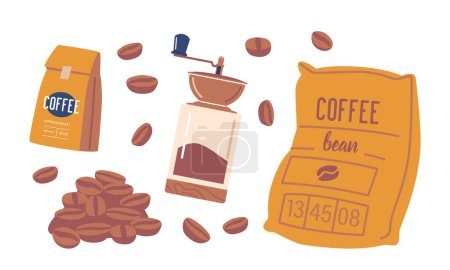 Ilustración de Conjunto de granos de café, un paquete y molinillo Iconos aislados Promoción de productos relacionados con el café o haciendo hincapié en la importancia de los granos recién molidos. Ilustración de vectores de dibujos animados - Imagen libre de derechos