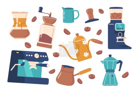 Ilustración de Set de Máquinas de Café, Equipamiento y Electrodomésticos Iconos Aislados. Máquina de café expreso, maceta de vidrio, frijoles, platillo, cezve turco, molinillo de café para hacer bebidas calientes. Ilustración de vectores de dibujos animados - Imagen libre de derechos