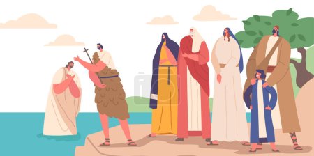 Johannes der Täufer tauft Jesus im Fluss mit Menschen, die von der Küste aus zusehen. Religiöse Szene, spirituell bedeutsamer Moment in der christlichen Geschichte mit biblischen Charakteren. Zeichentrickvektorillustration