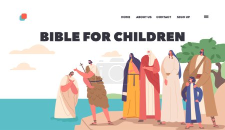 Illustration for Bible for Children Landing Page Template. John The Baptist Baptizing Jesus In River with People Watching from the Coast. Religious Scene In Christian History. Cartoon Vector Illustration - Royalty Free Image