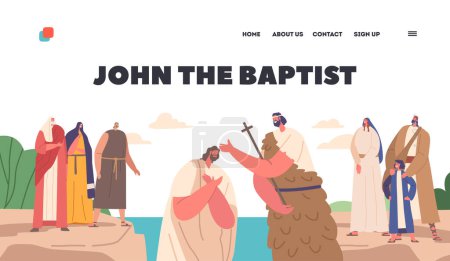 Illustration for Biblical Landing Page Template with John The Baptist Baptizing Jesus In River With People Crowd Watch. Significant Event In Christian History with Historical Characters. Cartoon Vector Illustration - Royalty Free Image