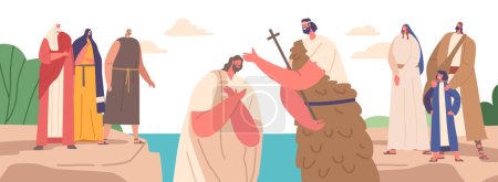 Jean-Baptiste baptisant Jésus en rivière avec une foule regardant. Événement significatif dans l'histoire chrétienne, concept religieux ou historique avec des personnages bibliques. Illustration vectorielle des personnages de bande dessinée