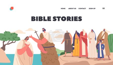 Illustration for Bible Stories Landing Page Template. John The Baptist Baptizing Jesus In Jordan River Biblical Scene Represent Christian Religious Symbolic Act with Characters. Cartoon People Vector Illustration - Royalty Free Image