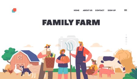 Illustration for Family Farm Landing Page Template. Farmers Work On The Land, Raising Crops And Livestock. Generation of Parents and Children Characters on Agricultural Landscape. Cartoon People Vector Illustration - Royalty Free Image