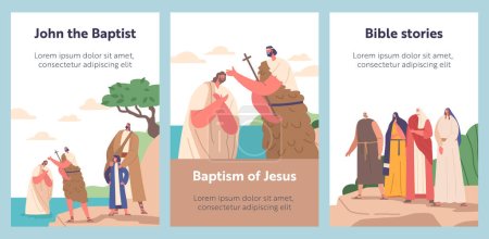 Illustration for Cartoon Banners with John The Baptist Baptizing Jesus Christ In Jordan River. Scene or Story Represent Christian Religious Symbolic Act and Holy Spirit with Biblical Characters. Vector Posters - Royalty Free Image