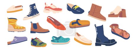 Illustration for Set Of Various Footwear Isolated Icons. Running Shoes, Dress Shoes, Sandals And Loafers, Boots, Sneakers, Ballet Flats, Heels, Flip-flops, Pumps, Platforms, Slippers. Cartoon Vector Illustration - Royalty Free Image