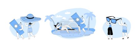 Illustration for Set Summer Season, Vacation. Tiny People Carry Huge Tropical Hat and Glasses Enjoying Summertime Holidays, Relaxing on Beach. Characters Playing on Seaside, Tan of Resort. Cartoon Vector Illustration - Royalty Free Image