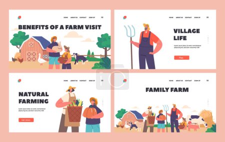 Ilustración de Family Farm Landing Page Template Set. Los agricultores trabajan en la tierra, criando cultivos y ganado. Generación de Padres e Hijos Personajes en Paisaje Agrícola. Dibujos animados Gente Vector Ilustración - Imagen libre de derechos