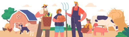 Illustration for Family Farmers Work On The Land, Raising Crops And Livestock For Their Livelihood. Generation of Parents and Children Characters on Agricultural Landscape. Cartoon People Vector Illustration - Royalty Free Image