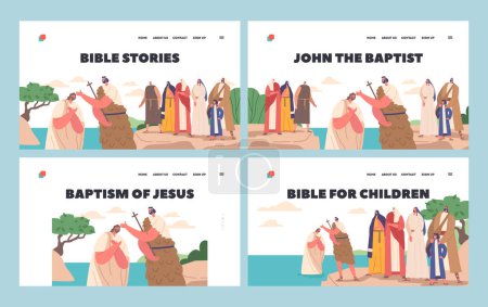 Illustration for Bible Stories Landing Page Template Set. John The Baptist Baptizing Jesus In Jordan River Biblical Scene Represent Christian Religious Symbolic Act with Characters. Cartoon People Vector Illustration - Royalty Free Image