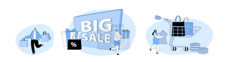 Illustration for Set Big Sale and Discount. Happy People Shopping Recreation. Male and Female Characters Buying Things and Presents for Holidays. Consumerism and Price Off Promo Concept. Cartoon Vector Illustration - Royalty Free Image