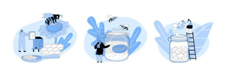 Illustration for Set Tiny Characters Extract Bee Products Honey, Pollen and Propolis. Beekeeper in Protective Outfit at Apiary Taking Honeycomb and Put to Jar on Beekeeping Farm. Cartoon People Vector Illustration - Royalty Free Image