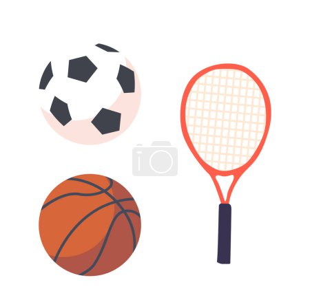 Illustration for Soccer or Basketball Balls and Tennis Racket Isolated on White Background. Sports Equipment And Items, Design Elements or Icons for Sport Related Products and Activities. Cartoon Vector Illustration - Royalty Free Image