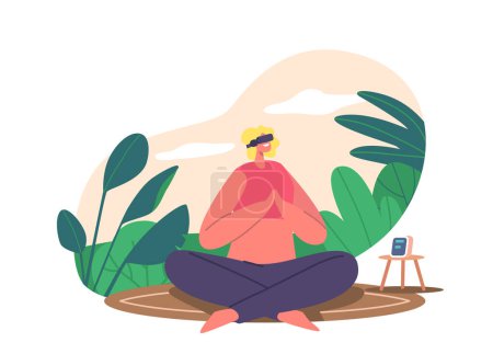 Illustration for Female Character Engrossed In Virtual Reality Performs Yoga In Serene Environment. Immersive Experience Offering Unique Way To Practice Yoga, Technology In Fitness. Cartoon People Vector Illustration - Royalty Free Image