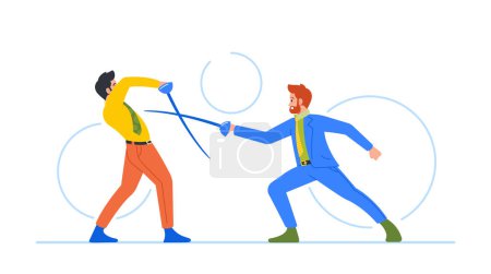 Illustration for Male Business Characters Engage In Fencing Duel With Rapier In Professional Setting. Competition, Strategy And Pursuit Of Corporate Success, Finance Or Career Theme. Cartoon People Vector Illustration - Royalty Free Image