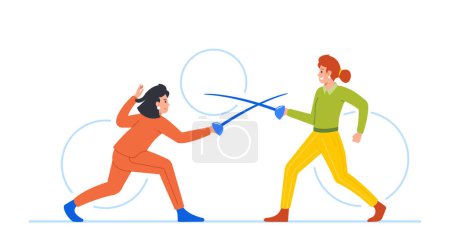 Illustration for Businesswomen Characters Engaging In Duel With Rapiers Showcasing Competitive Spirit And Agility. Concepts of Negotiation Skills, Leadership, And Strategic Thinking. Cartoon People Vector Illustration - Royalty Free Image