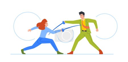 Illustration for Two Business Persons Male and Female Characters Fence With Rapiers Showing their Competitive Spirit, Equal Rights, Or Leadership in Corporate World. Cartoon People Vector Illustration - Royalty Free Image