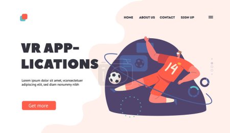 Illustration for VR Applications Landing Page Template. Character Play Virtual Reality Soccer, Immersed In Game World in Vr Glasses. Gaming Experience, Sport Technology Advancements. Cartoon People Vector Illustration - Royalty Free Image
