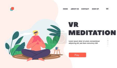 Illustration for VR Meditation Landing Page Template. Female Character Engrossed In Virtual Reality Performs Yoga In Serene Environment. Immersive Experience Technology In Fitness. Cartoon People Vector Illustration - Royalty Free Image