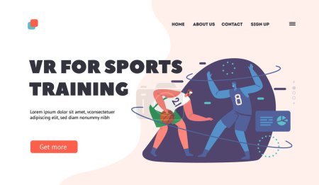 Illustration for VR for Sports Training Landing Page Template. Character In Virtual Reality Playing Basketball, Immersed In Digital Environment That Simulates The Game or Sport. Cartoon People Vector Illustration - Royalty Free Image