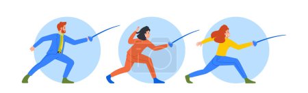Illustration for Business Persons Male Female Characters Fence With Rapiers Isolated Round Icons or Avatars. Equal Rights of Men and Women, Fight for Leadership in Corporate World. Cartoon People Vector Illustration - Royalty Free Image