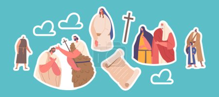 Illustration for Set of Stickers John The Baptist Baptizing Jesus In Jordan River Biblical Christian Religious Characters Applying Symbolic Act Isolated Patches. Cartoon People Vector Illustration - Royalty Free Image