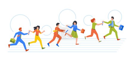 Illustration for Business Characters Participate In Relay Race Passing Baton From One To Another In A Race For The Finish Line. Teamwork, Competition, And Speed Motivation Concept. Cartoon People Vector Illustration - Royalty Free Image