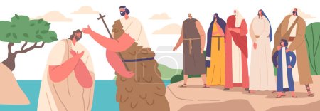 Illustration for John The Baptist Baptizing Jesus In Jordan River Biblical Scene Represent Christian Religious Symbolic Act and Holy Spirit with Historical Characters. Cartoon People Vector Illustration - Royalty Free Image