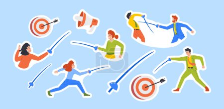 Illustration for Set of Stickers Business Characters Men and Women Fence With Rapiers or Fight on Swords in Encounter. Competitive Business Strategy, Leadership, Way to Success. Cartoon People Vector Patches Pack - Royalty Free Image