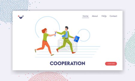 Illustration for Cooperation Landing Page Template. Business Characters Running Relay Passing On The Baton. Competition, Teamwork Collaboration, And Motivation In Corporate Context. Cartoon People Vector Illustration - Royalty Free Image