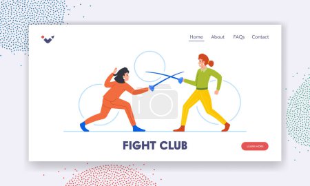 Illustration for Fight Club Landing Page Template. Businesswomen Characters Engaging In Duel With Rapiers Showcasing Competitive Spirit And Agility. Leadership, Strategic Thinking. Cartoon People Vector Illustration - Royalty Free Image