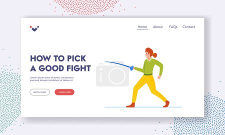 Illustration for How to Pick Good Fight Landing Page Template. Female Business Character With Rapier. Fencing Club Competition, Strategy, Fight for Success, Finance Or Career Theme. Cartoon People Vector Illustration - Royalty Free Image