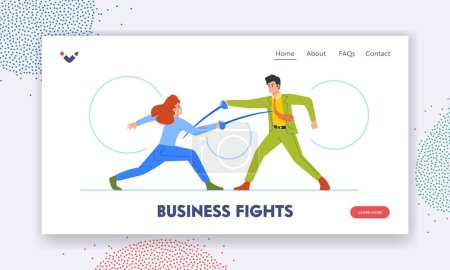 Illustration for Business Fights Landing Page Template. Male and Female Characters Fence With Rapiers Showing their Competitive Spirit, Equal Rights Or Leadership in Corporate World. Cartoon People Vector Illustration - Royalty Free Image