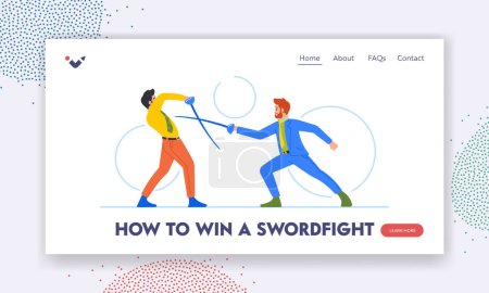 Illustration for Swordfight Landing Page Template. Professional Male Business Characters Engage In Fencing Duel With Swords. Competition, Strategy And Pursuit Of Corporate Success. Cartoon People Vector Illustration - Royalty Free Image