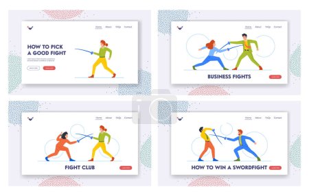 Illustration for Business Fights Landing Page Template Set. Characters Fence With Rapiers or Fight on Swords in Encounter. Competitive Spirit, Business Strategy Or Leadership Theme. Cartoon People Vector Illustration - Royalty Free Image