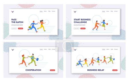Illustration for Business Relay Landing Page Template Set. Characters Participate In Race Passing Baton From One To Another. Teamwork, Competition, And Speed Motivation Concept. Cartoon People Vector Illustration - Royalty Free Image